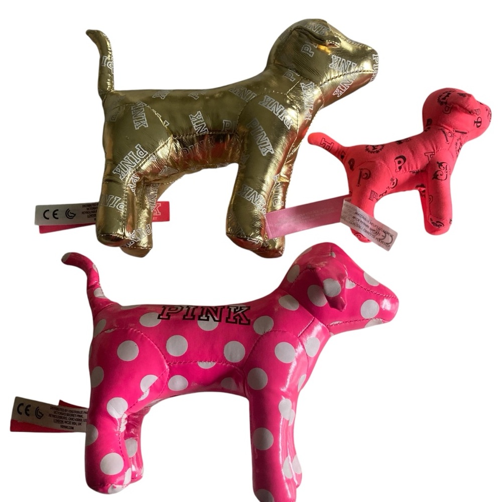 Victoria's Secret 7.5" METALLIC GOLD and White Polka Dot Dog and 5" Dog Lot of 3